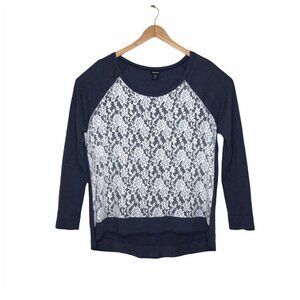 Torrid Womens Size 1 US 1X Lace Overlay Top Hi Lo Blue Raglan Sleeve Stretch